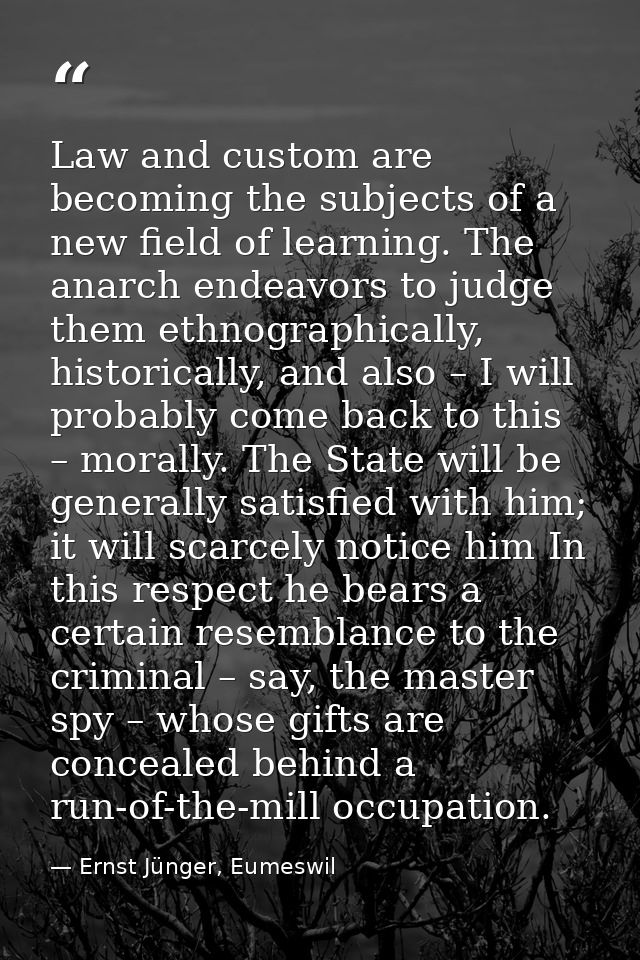 Law and custom are becoming the subjects of a new field of learning. The anarch endeavors to judge them ethnographically — Ernst Jünger, Eumeswil