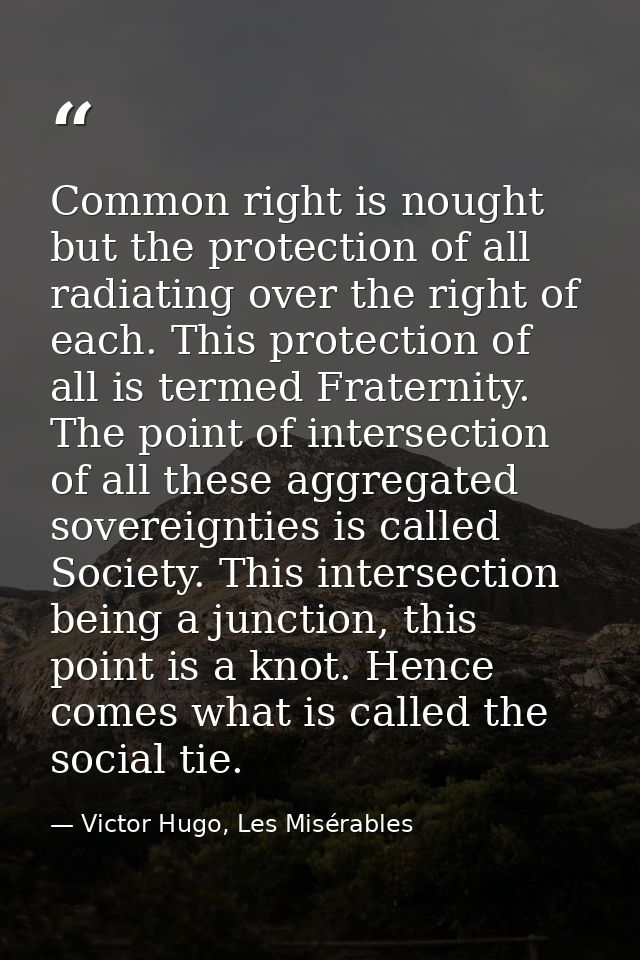 Common right is nought but the protection of all radiating over the right of each. This protection of all is termed Frat — Victor Hugo, Les Misérables