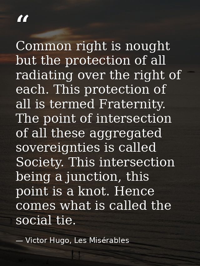 Common right is nought but the protection of all radiating over the right of each. This protection of all is termed Frat — Victor Hugo, Les Misérables