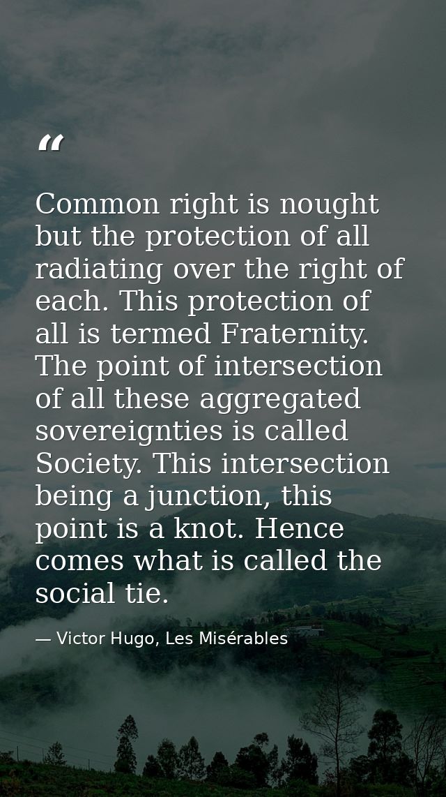 Common right is nought but the protection of all radiating over the right of each. This protection of all is termed Frat — Victor Hugo, Les Misérables