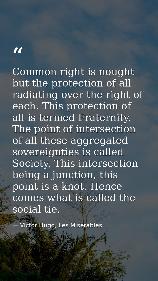 Common right is nought but the protection of all radiating over the right of each. This protection of all is termed Frat — Victor Hugo, Les Misérables