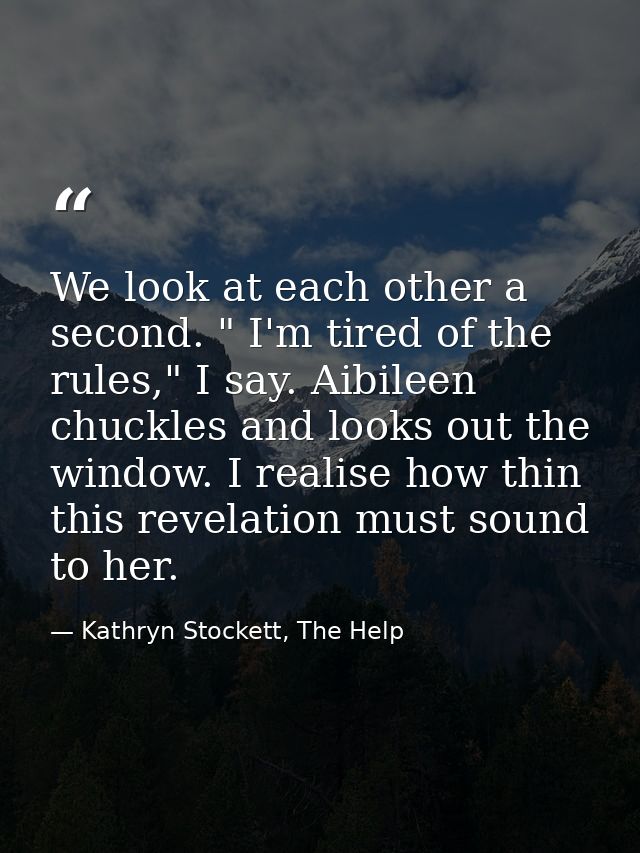 We look at each other a second. " I'm tired of the rules," I say. Aibileen chuckles and looks out the window. I realise  — Kathryn Stockett, The Help