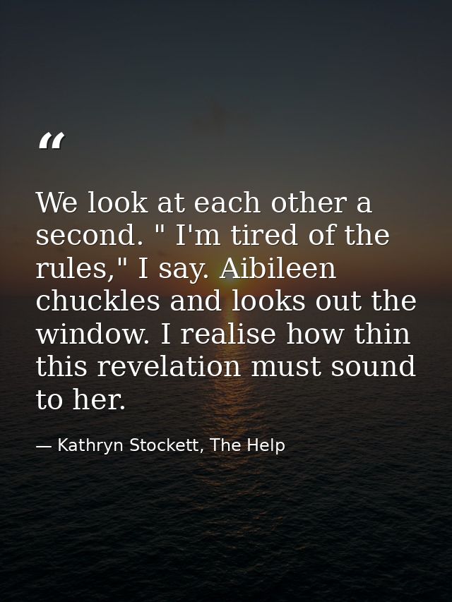 We look at each other a second. " I'm tired of the rules," I say. Aibileen chuckles and looks out the window. I realise  — Kathryn Stockett, The Help