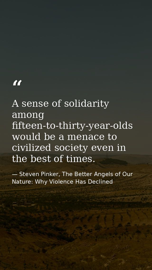 A sense of solidarity among fifteen-to-thirty-year-olds would be a menace to civilized society even in the best of times — Steven Pinker, The Better Angels of Our Nature: Why Violence Has Declined