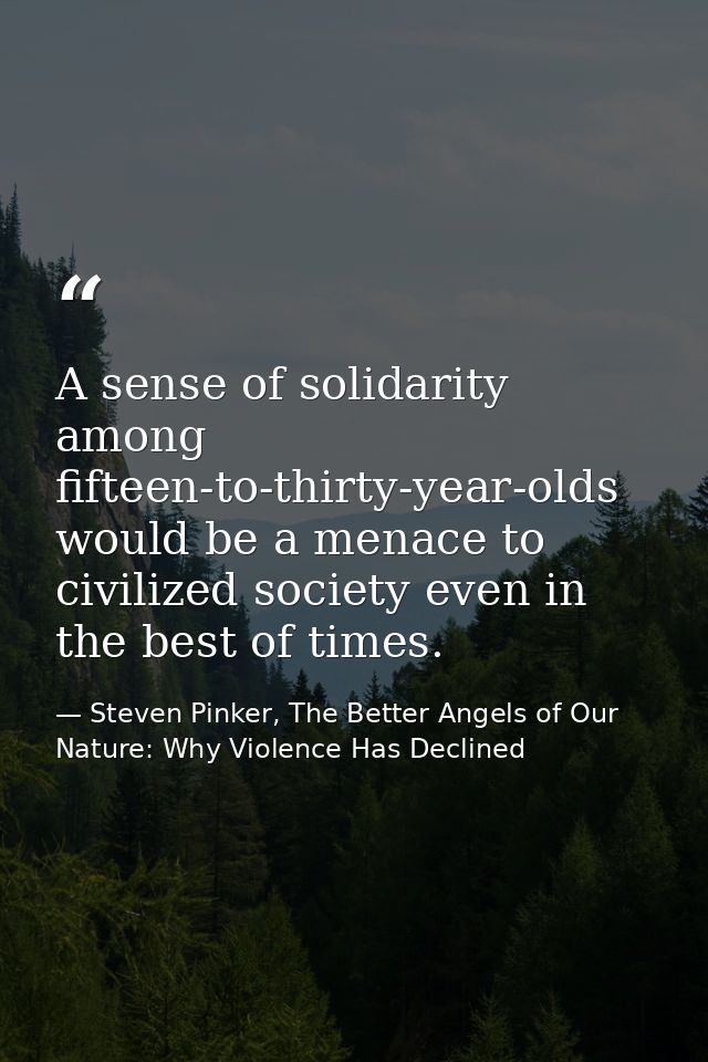 A sense of solidarity among fifteen-to-thirty-year-olds would be a menace to civilized society even in the best of times — Steven Pinker, The Better Angels of Our Nature: Why Violence Has Declined