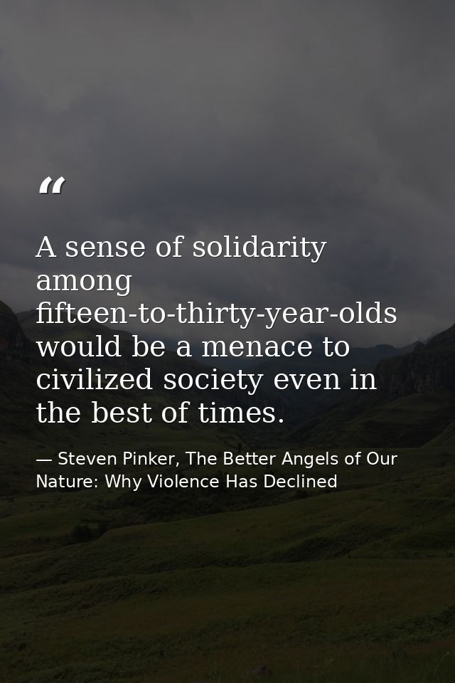 A sense of solidarity among fifteen-to-thirty-year-olds would be a menace to civilized society even in the best of times — Steven Pinker, The Better Angels of Our Nature: Why Violence Has Declined