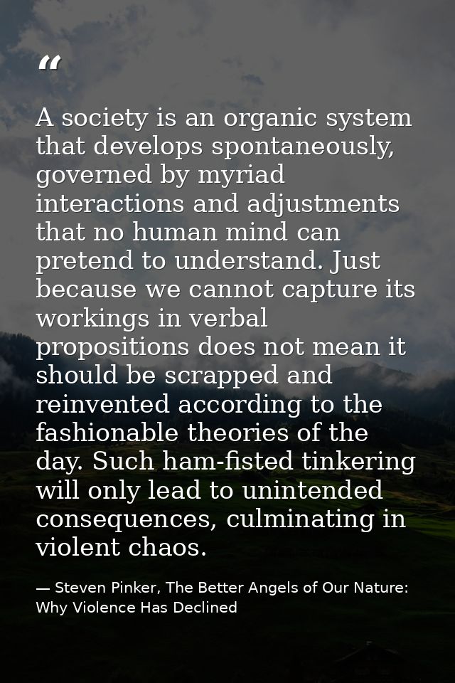 A society is an organic system that develops spontaneously, governed by myriad interactions and adjustments that no huma — Steven Pinker, The Better Angels of Our Nature: Why Violence Has Declined