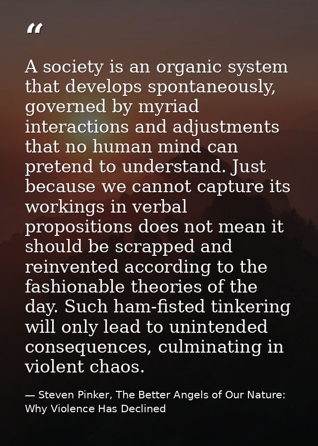 A society is an organic system that develops spontaneously, governed by myriad interactions and adjustments that no huma — Steven Pinker, The Better Angels of Our Nature: Why Violence Has Declined