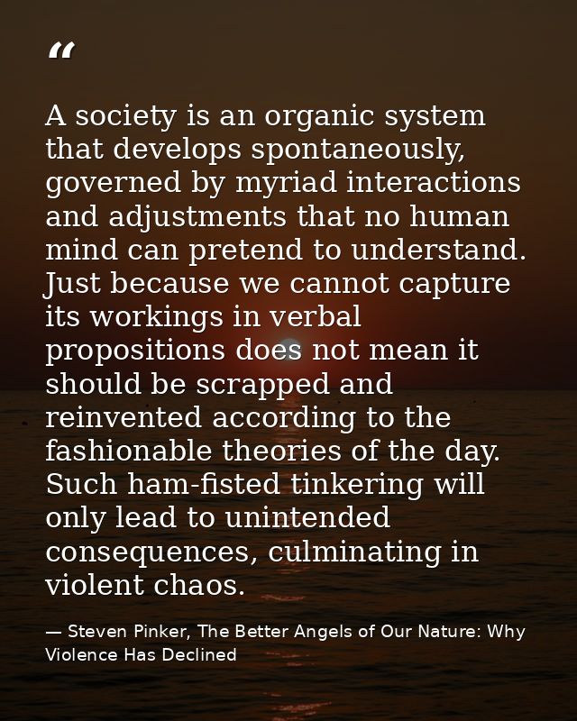 A society is an organic system that develops spontaneously, governed by myriad interactions and adjustments that no huma — Steven Pinker, The Better Angels of Our Nature: Why Violence Has Declined