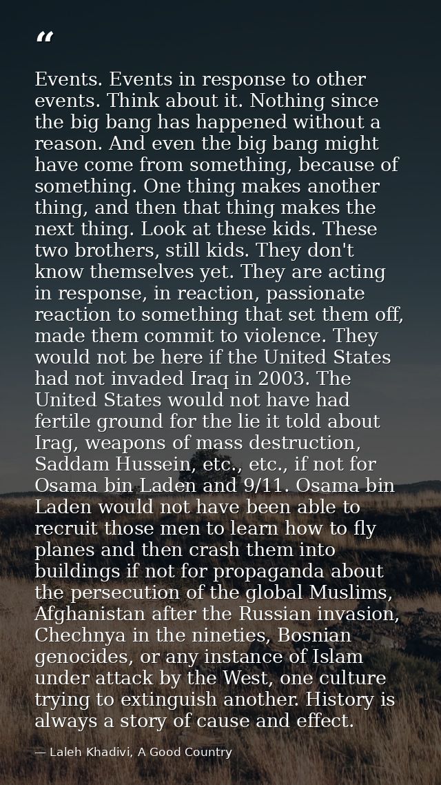 Events. Events in response to other events. Think about it. Nothing since the big bang has happened without a reason. An — Laleh Khadivi, A Good Country