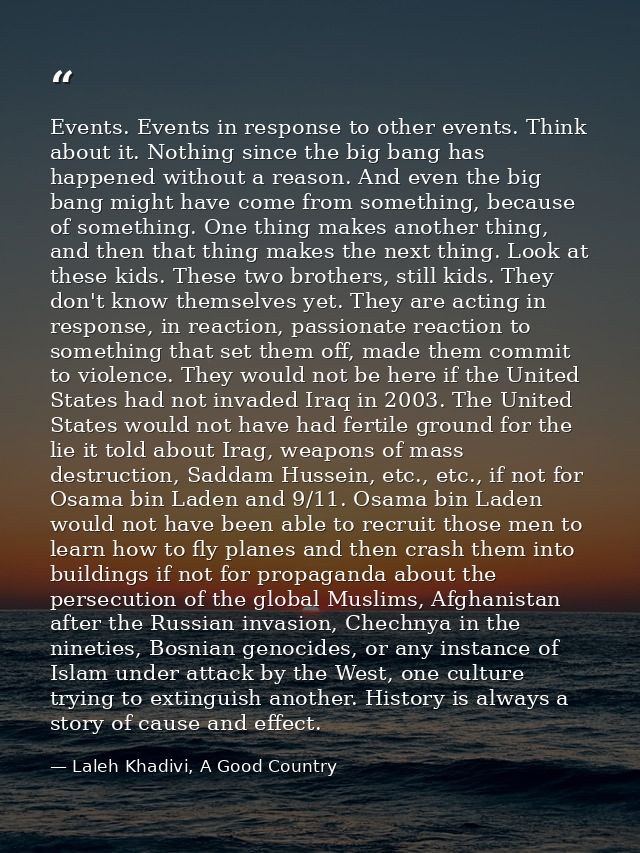 Events. Events in response to other events. Think about it. Nothing since the big bang has happened without a reason. An — Laleh Khadivi, A Good Country