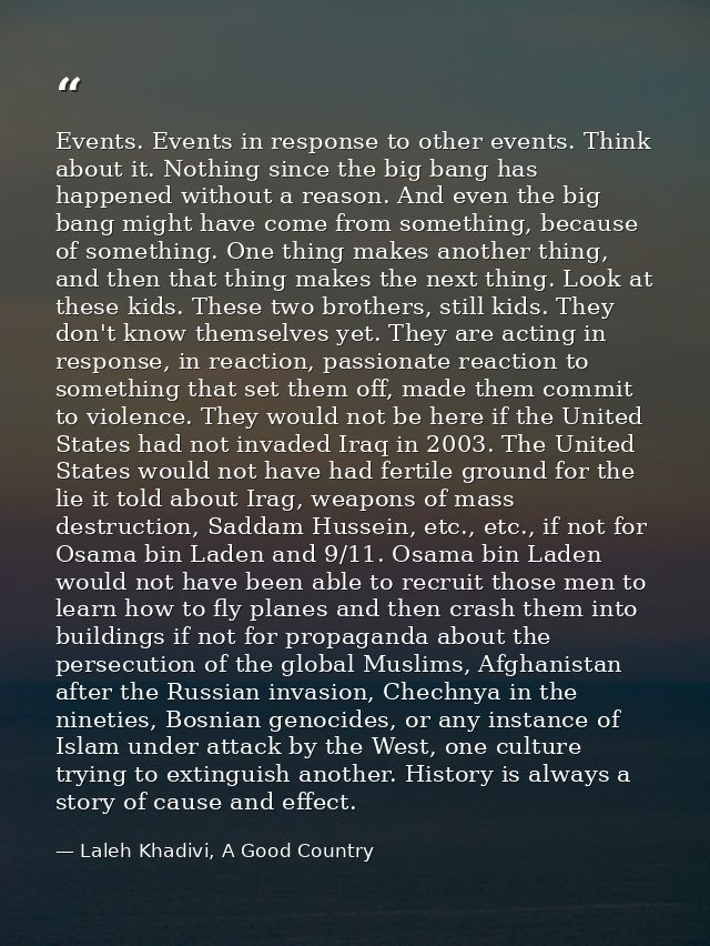 Events. Events in response to other events. Think about it. Nothing since the big bang has happened without a reason. An — Laleh Khadivi, A Good Country