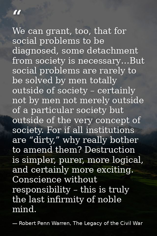 We can grant, too, that for social problems to be diagnosed, some detachment from society is necessary…But social proble — Robert Penn Warren, The Legacy of the Civil War