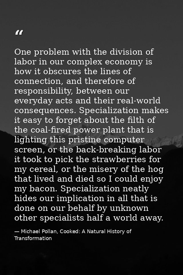 One problem with the division of labor in our complex economy is how it obscures the lines of connection, and therefore  — Michael Pollan, Cooked: A Natural History of Transformation