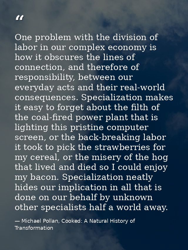 One problem with the division of labor in our complex economy is how it obscures the lines of connection, and therefore  — Michael Pollan, Cooked: A Natural History of Transformation
