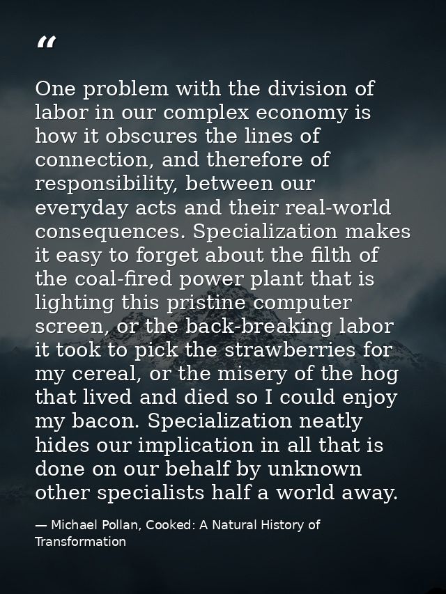 One problem with the division of labor in our complex economy is how it obscures the lines of connection, and therefore  — Michael Pollan, Cooked: A Natural History of Transformation