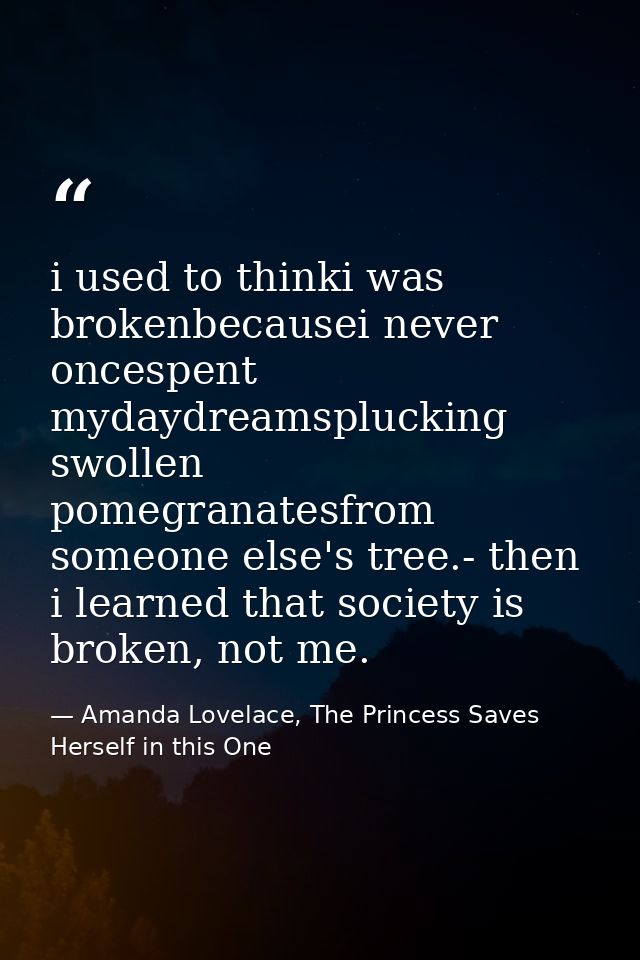 i used to thinki was brokenbecausei never oncespent mydaydreamsplucking swollen pomegranatesfrom someone else's tree.- t — Amanda Lovelace, The Princess Saves Herself in this One