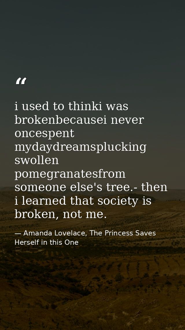 i used to thinki was brokenbecausei never oncespent mydaydreamsplucking swollen pomegranatesfrom someone else's tree.- t — Amanda Lovelace, The Princess Saves Herself in this One