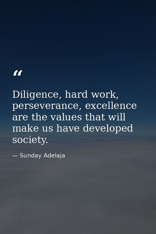 Diligence, hard work, perseverance, excellence are the values that will make us have developed society. — Sunday Adelaja