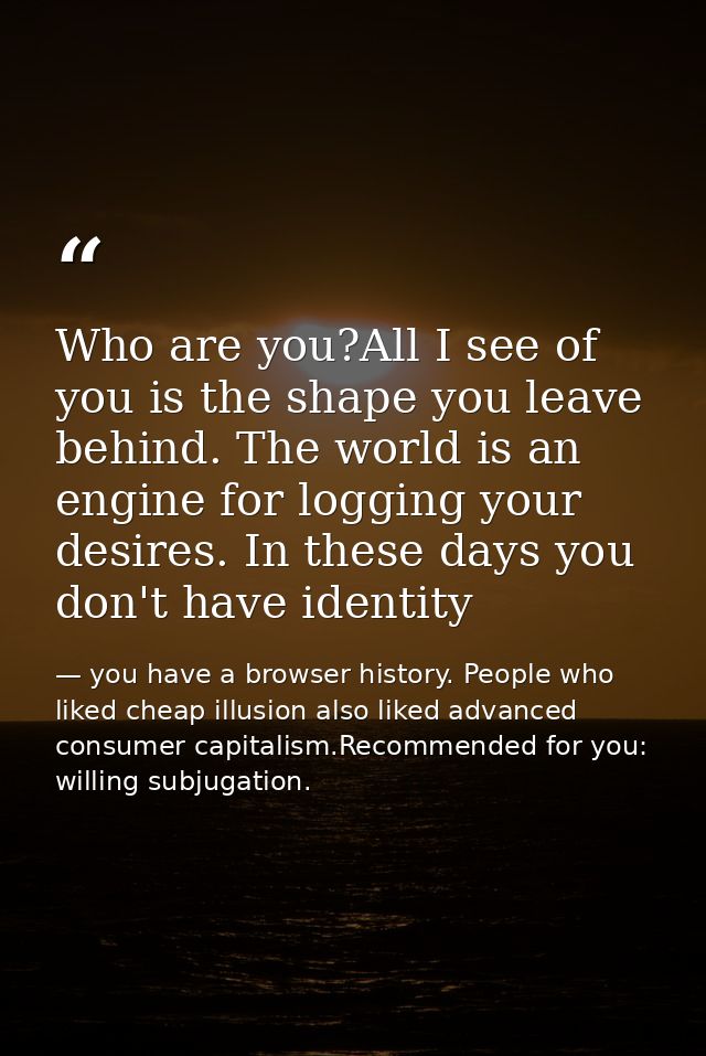 Who are you?All I see of you is the shape you leave behind. The world is an engine for logging your desires. In these da — you have a browser history. People who liked cheap illusion also liked advanced consumer capitalism.Recommended for you: willing subjugation.