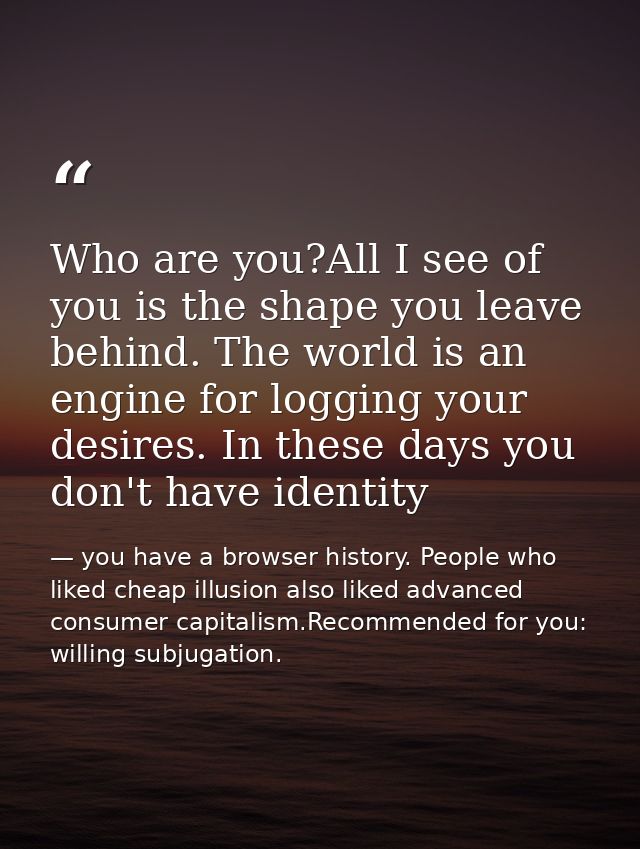 Who are you?All I see of you is the shape you leave behind. The world is an engine for logging your desires. In these da — you have a browser history. People who liked cheap illusion also liked advanced consumer capitalism.Recommended for you: willing subjugation.