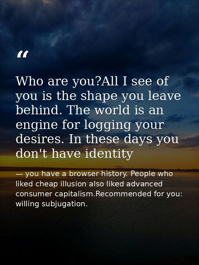 Who are you?All I see of you is the shape you leave behind. The world is an engine for logging your desires. In these da — you have a browser history. People who liked cheap illusion also liked advanced consumer capitalism.Recommended for you: willing subjugation.