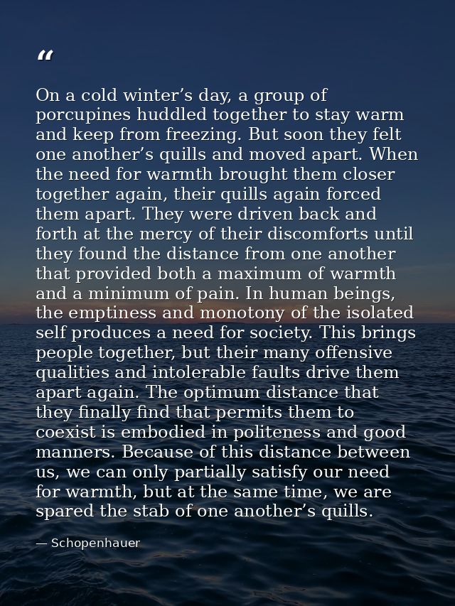 On a cold winter’s day, a group of porcupines huddled together to stay warm and keep from freezing. But soon they felt o — Schopenhauer