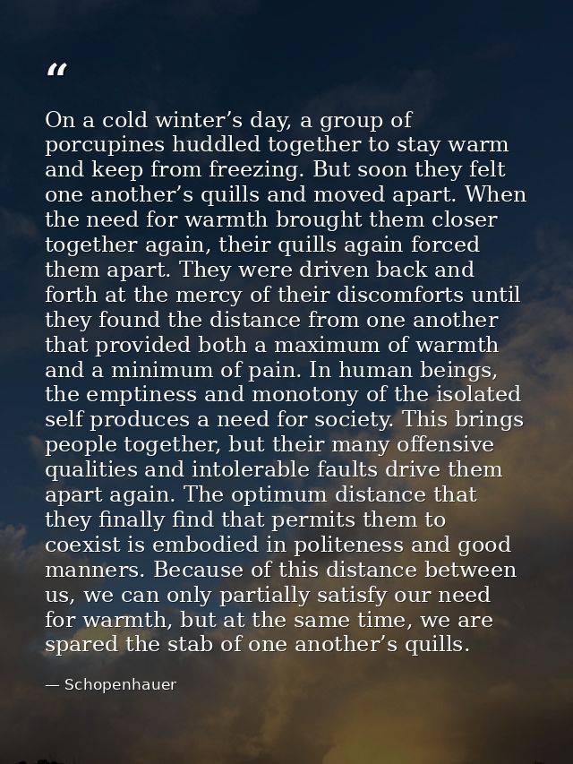 On a cold winter’s day, a group of porcupines huddled together to stay warm and keep from freezing. But soon they felt o — Schopenhauer
