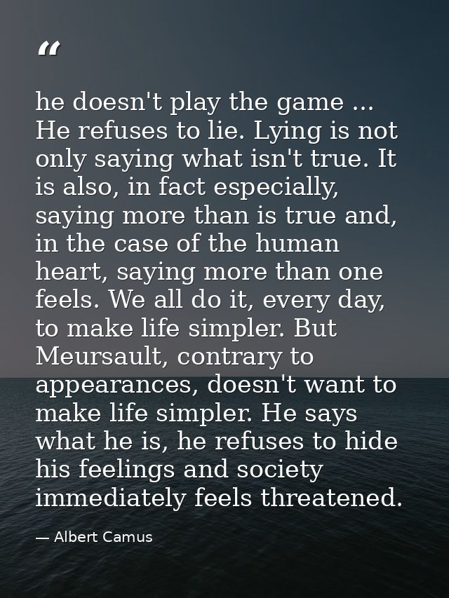 he doesn't play the game ... He refuses to lie. Lying is not only saying what isn't true. It is also, in fact especially — Albert Camus