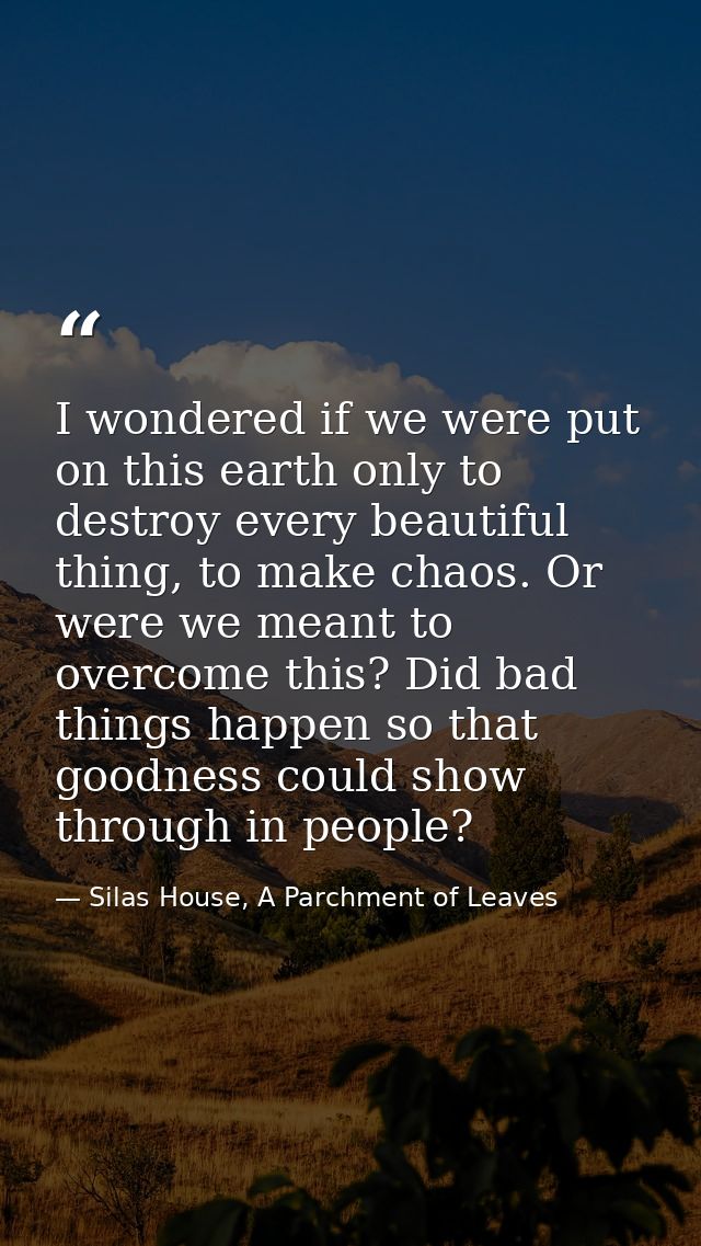 I wondered if we were put on this earth only to destroy every beautiful thing, to make chaos. Or were we meant to overco — Silas House, A Parchment of Leaves