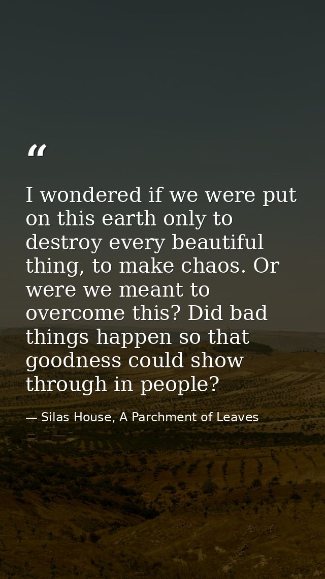 I wondered if we were put on this earth only to destroy every beautiful thing, to make chaos. Or were we meant to overco — Silas House, A Parchment of Leaves