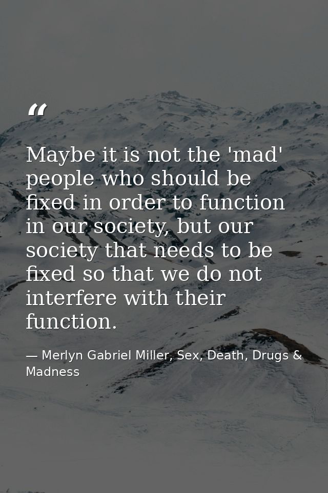 Maybe it is not the 'mad' people who should be fixed in order to function in our society, but our society that needs to  — Merlyn Gabriel Miller, Sex, Death, Drugs & Madness