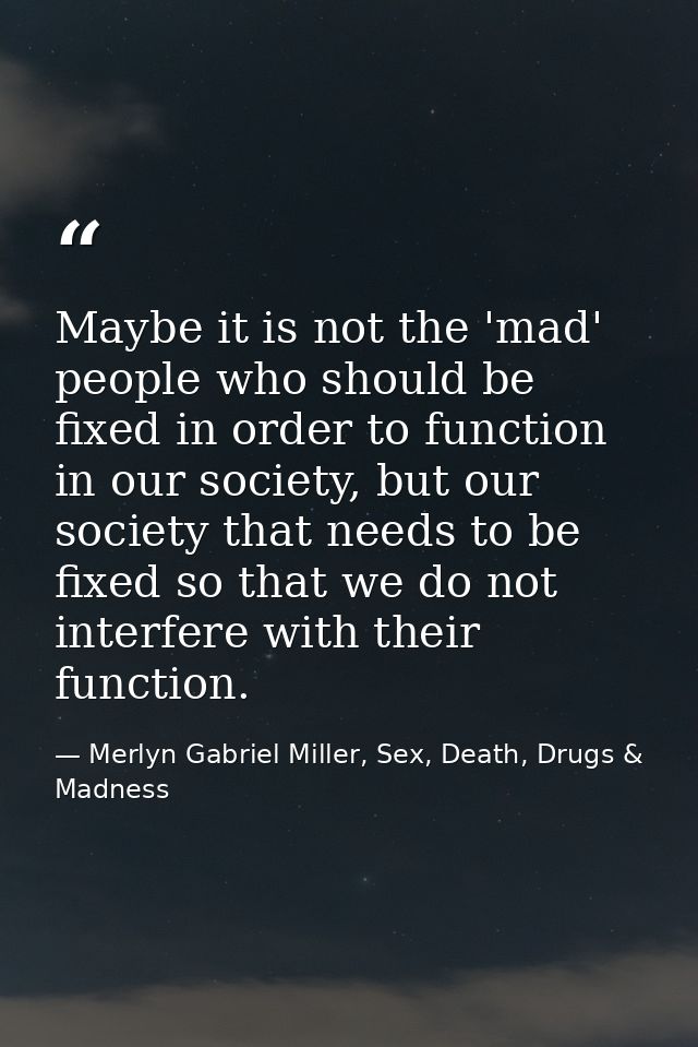 Maybe it is not the 'mad' people who should be fixed in order to function in our society, but our society that needs to  — Merlyn Gabriel Miller, Sex, Death, Drugs & Madness