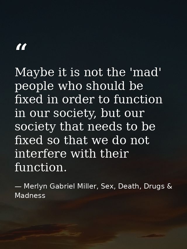 Maybe it is not the 'mad' people who should be fixed in order to function in our society, but our society that needs to  — Merlyn Gabriel Miller, Sex, Death, Drugs & Madness