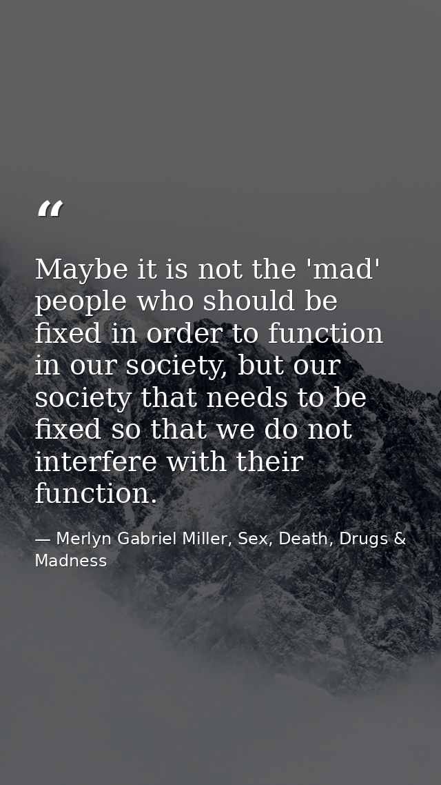 Maybe it is not the 'mad' people who should be fixed in order to function in our society, but our society that needs to  — Merlyn Gabriel Miller, Sex, Death, Drugs & Madness