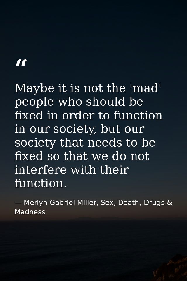 Maybe it is not the 'mad' people who should be fixed in order to function in our society, but our society that needs to  — Merlyn Gabriel Miller, Sex, Death, Drugs & Madness