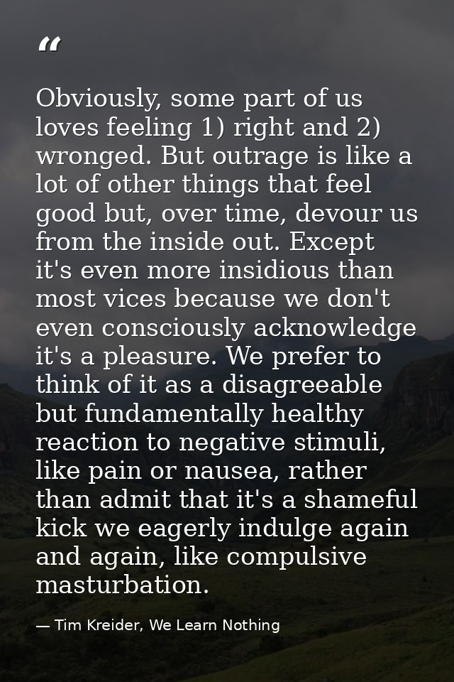 Obviously, some part of us loves feeling 1) right and 2) wronged. But outrage is like a lot of other things that feel go — Tim Kreider, We Learn Nothing