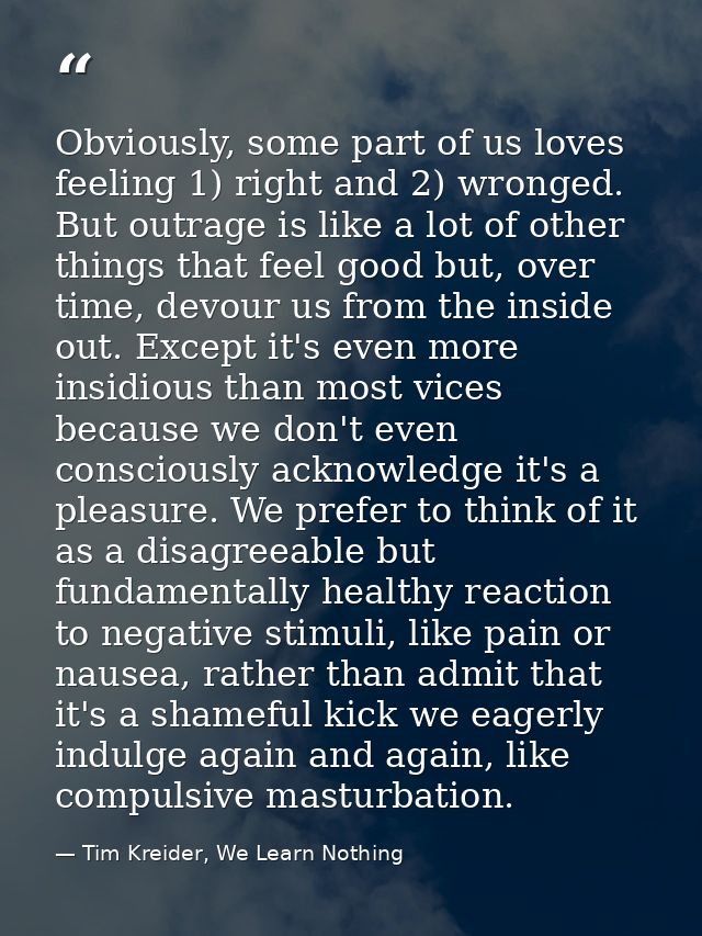 Obviously, some part of us loves feeling 1) right and 2) wronged. But outrage is like a lot of other things that feel go — Tim Kreider, We Learn Nothing