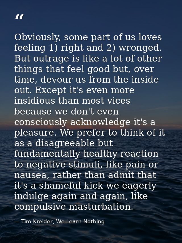 Obviously, some part of us loves feeling 1) right and 2) wronged. But outrage is like a lot of other things that feel go — Tim Kreider, We Learn Nothing