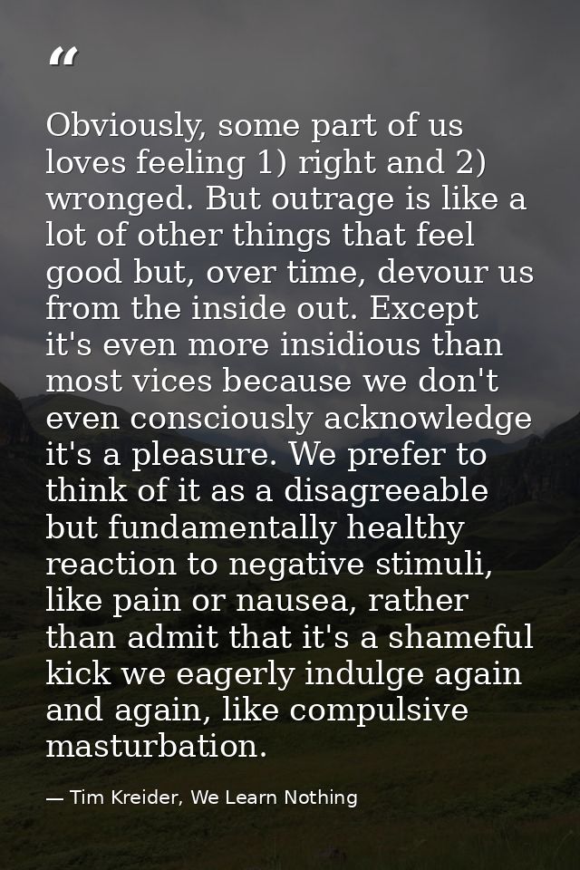 Obviously, some part of us loves feeling 1) right and 2) wronged. But outrage is like a lot of other things that feel go — Tim Kreider, We Learn Nothing