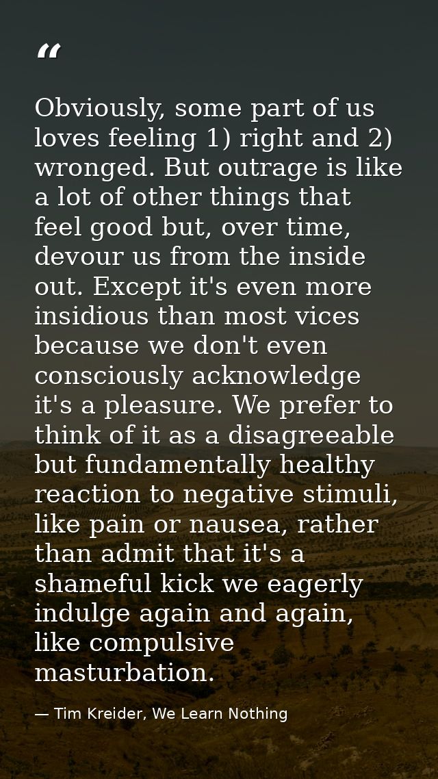 Obviously, some part of us loves feeling 1) right and 2) wronged. But outrage is like a lot of other things that feel go — Tim Kreider, We Learn Nothing