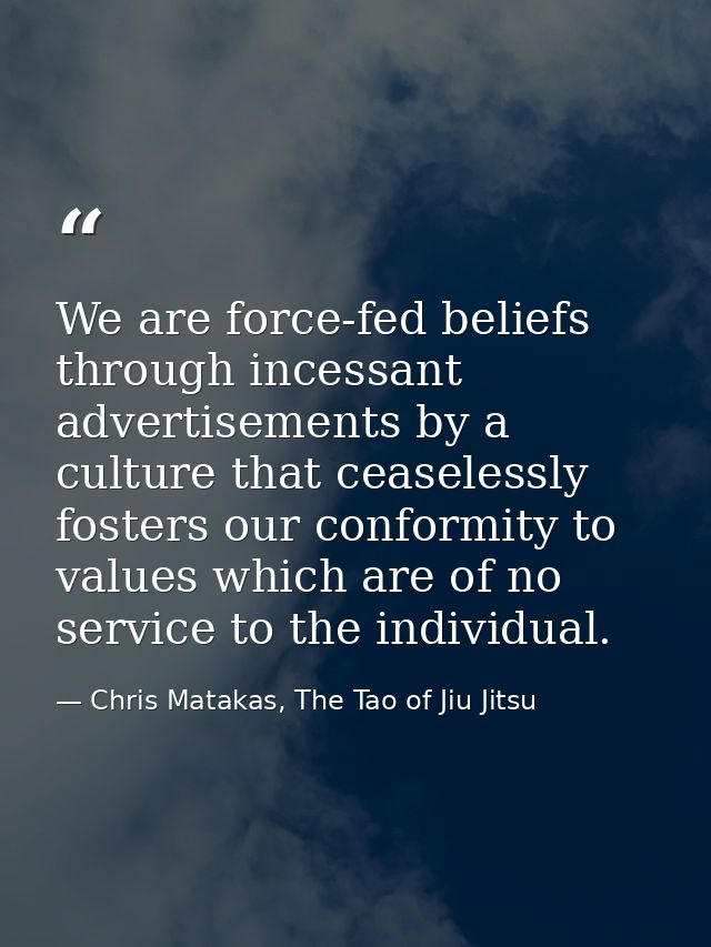We are force-fed beliefs through incessant advertisements by a culture that ceaselessly fosters our conformity to values — Chris Matakas, The Tao of Jiu Jitsu