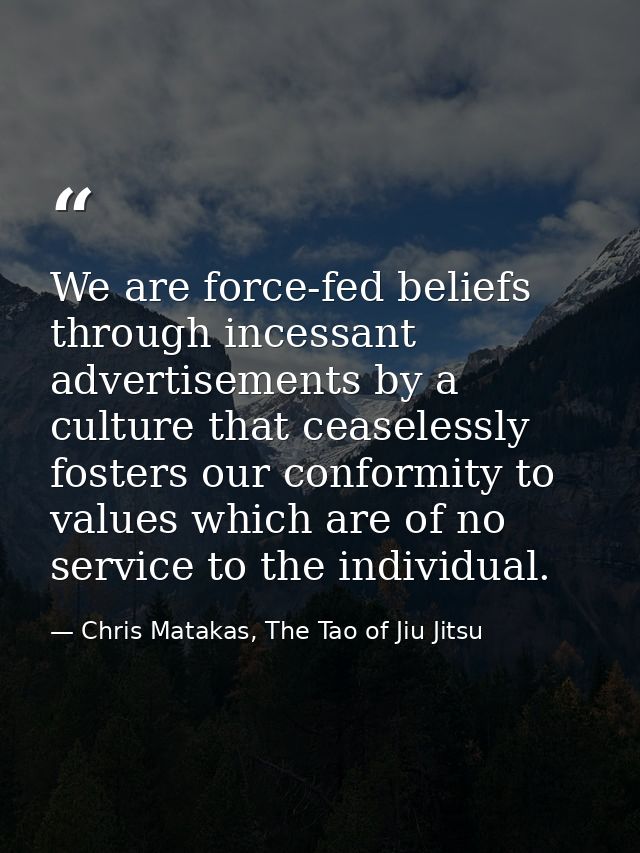 We are force-fed beliefs through incessant advertisements by a culture that ceaselessly fosters our conformity to values — Chris Matakas, The Tao of Jiu Jitsu