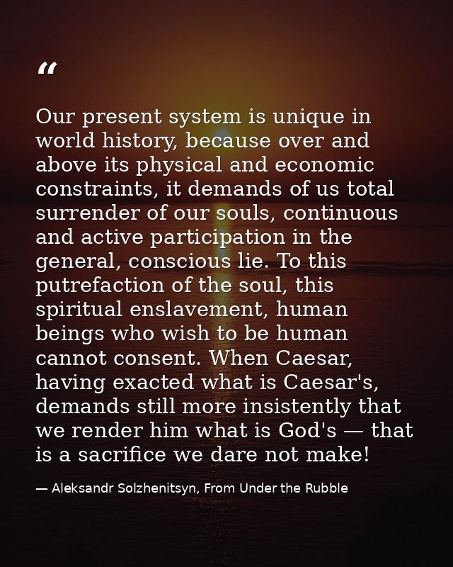 Our present system is unique in world history, because over and above its physical and economic constraints, it demands  — Aleksandr Solzhenitsyn, From Under the Rubble