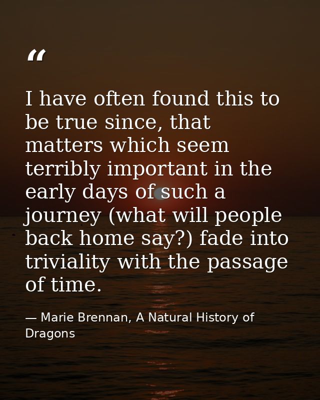 I have often found this to be true since, that matters which seem terribly important in the early days of such a journey — Marie Brennan, A Natural History of Dragons