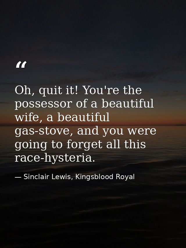 Oh, quit it! You're the possessor of a beautiful wife, a beautiful gas-stove, and you were going to forget all this race — Sinclair Lewis, Kingsblood Royal