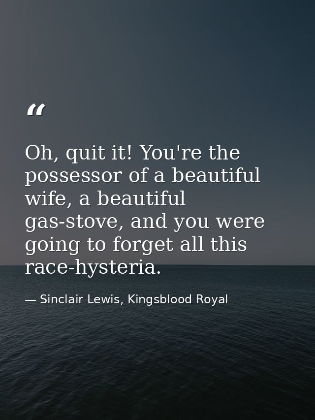 Oh, quit it! You're the possessor of a beautiful wife, a beautiful gas-stove, and you were going to forget all this race — Sinclair Lewis, Kingsblood Royal