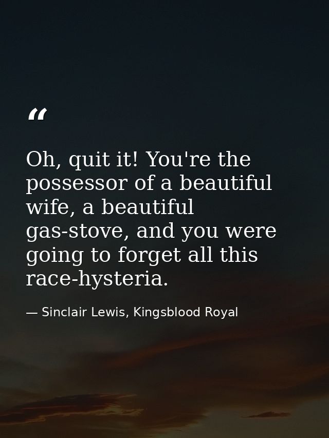 Oh, quit it! You're the possessor of a beautiful wife, a beautiful gas-stove, and you were going to forget all this race — Sinclair Lewis, Kingsblood Royal