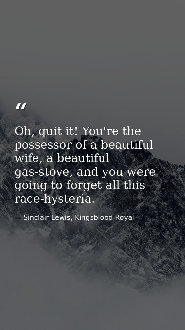 Oh, quit it! You're the possessor of a beautiful wife, a beautiful gas-stove, and you were going to forget all this race — Sinclair Lewis, Kingsblood Royal