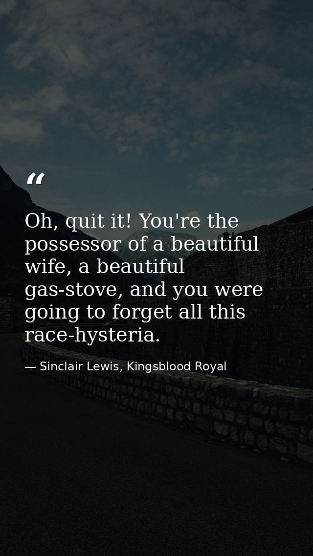 Oh, quit it! You're the possessor of a beautiful wife, a beautiful gas-stove, and you were going to forget all this race — Sinclair Lewis, Kingsblood Royal